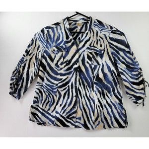 JM Collection Shirt Womens 16 Blue Zebra Linen Drawstring Sleeve Beach Pockets